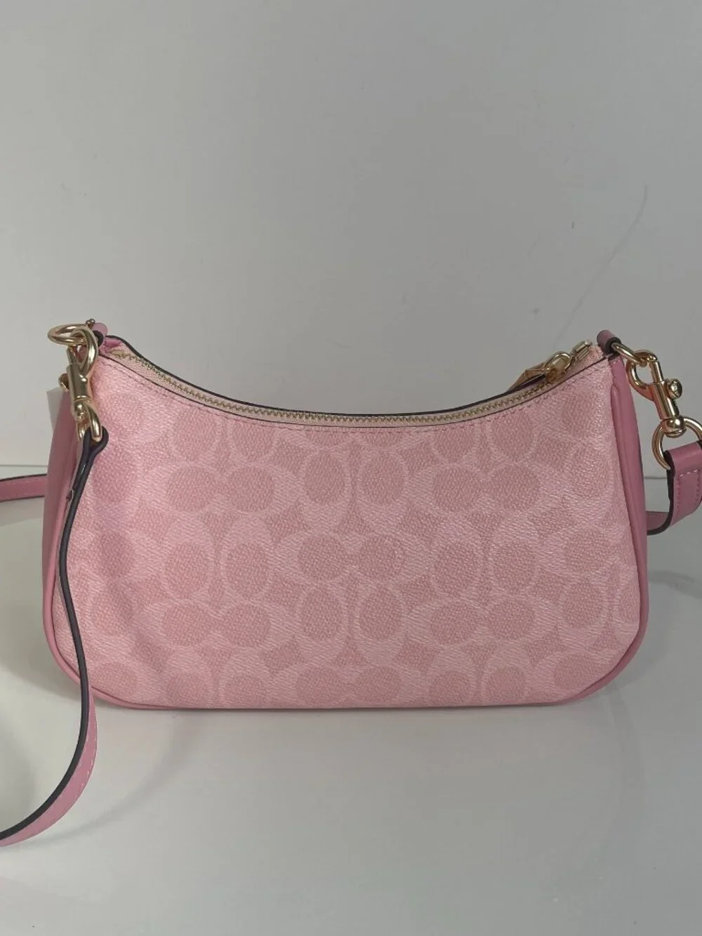 Pink Curved Shoulder Bag Signature Pattern With Adjustable Crossbody Strap